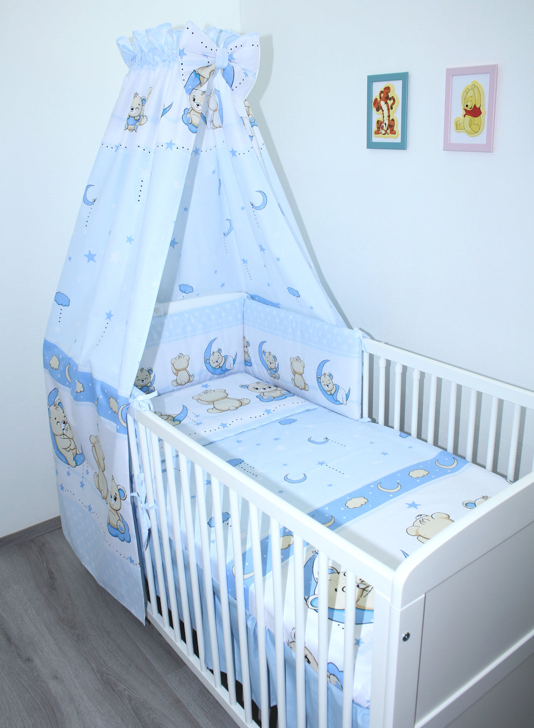 Baby Bettset -Bärchen in Blau - 5-11 teilig mit Vollstoff Himmel