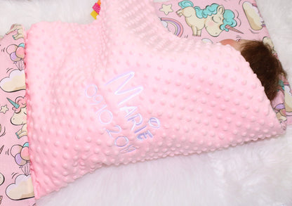 Minky Set mit Namen - Einhorn + Rosa - Bettwäsche Kuscheldecke + Kissen