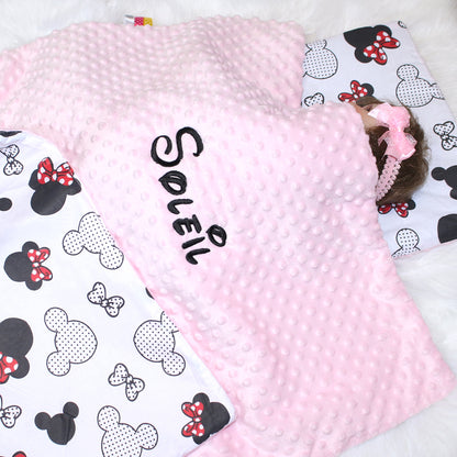 Minky Set mit Namen - Minnie + Rosa - Bettwäsche Kuscheldecke + Kissen