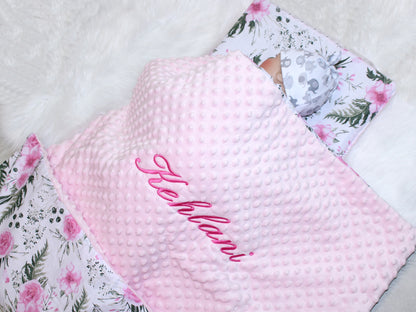 Minky Set mit Namen - Flowers + Rosa - Bettwäsche Kuscheldecke + Kissen
