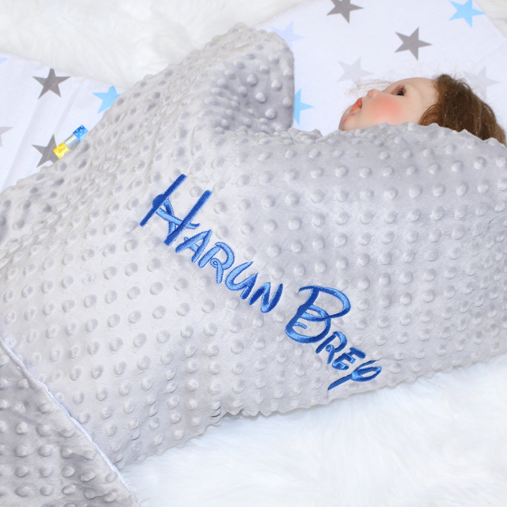Minky Set mit Namen - Star Blau + Grau - Bettwäsche Kuscheldecke + Kissen
