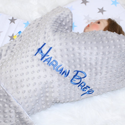 Minky Set mit Namen - Star Blau + Grau - Bettwäsche Kuscheldecke + Kissen