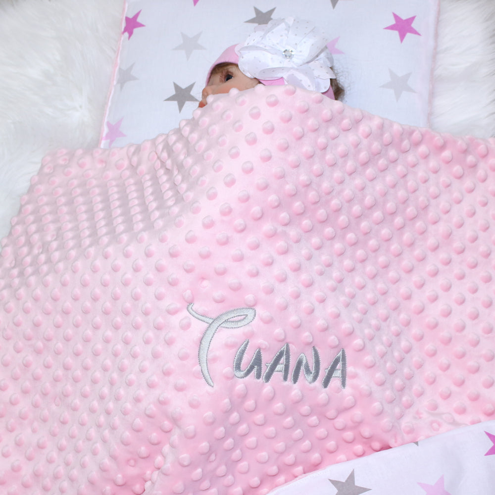 Minky Set mit Namen - Star Rosa + Rosa - Bettwäsche Kuscheldecke + Kissen