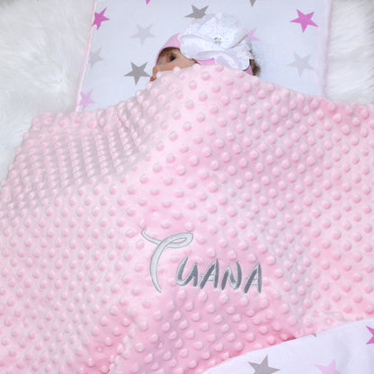 Minky Set mit Namen - Star Rosa + Rosa - Bettwäsche Kuscheldecke + Kissen