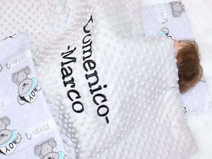Minky Set mit Namen - Boy + Grau - Bettwäsche Kuscheldecke + Kissen