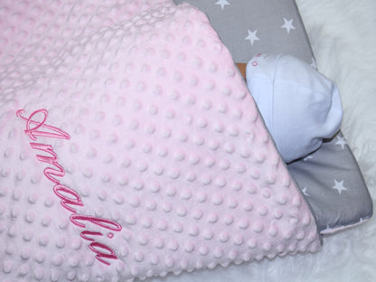 Minky Set mit Namen - Sterne auf Grau + Rosa - Bettwäsche Kuscheldecke + Kissen