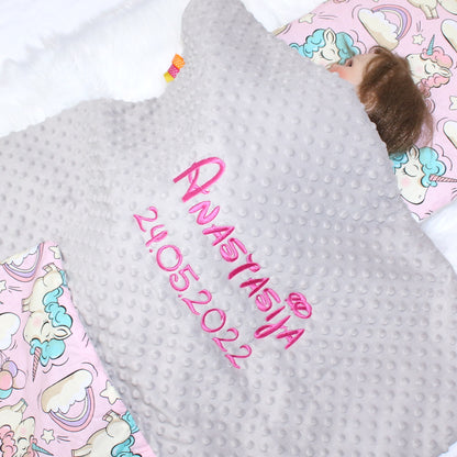 Minky Set mit Namen - Einhorn + Grau - Bettwäsche Kuscheldecke + Kissen