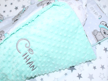 Minky Set mit Namen - Boy + Minze - Bettwäsche Kuscheldecke + Kissen