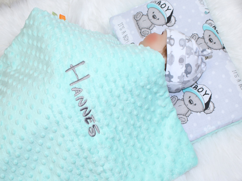 Minky Set mit Namen - Boy + Minze - Bettwäsche Kuscheldecke + Kissen