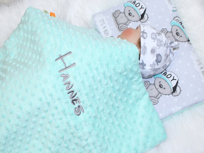 Minky Set mit Namen - Boy + Minze - Bettwäsche Kuscheldecke + Kissen