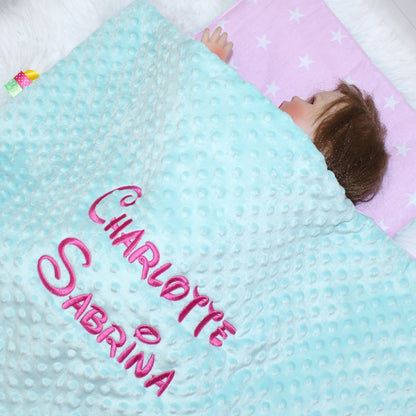 Minky Set mit Namen - Sterne auf Rosa + Minze - Bettwäsche Kuscheldecke + Kissen