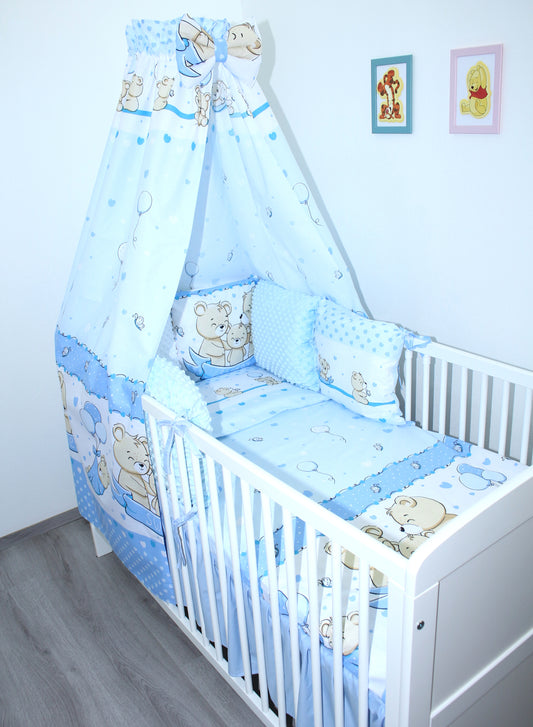 Bettset mit MINKY Kissen Nestchen -SWEET Bärchen in Blau - 5-8 teilig mit Vollstoff Himmel
