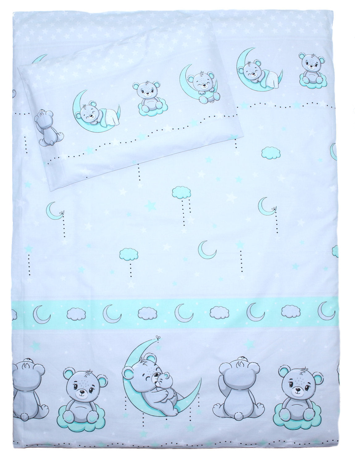 Baby Bettset -Bärchen in GRAU-MINZE- 5-11 teilig mit Vollstoff Himmel