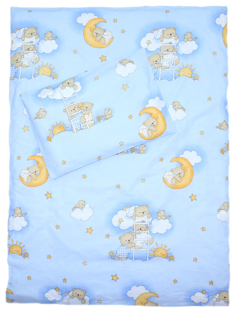 3-6 tlg Baby Kinder Bettset Baby Bettwäsche Bettdecke Kissen -Bärchen auf Leitern Blau