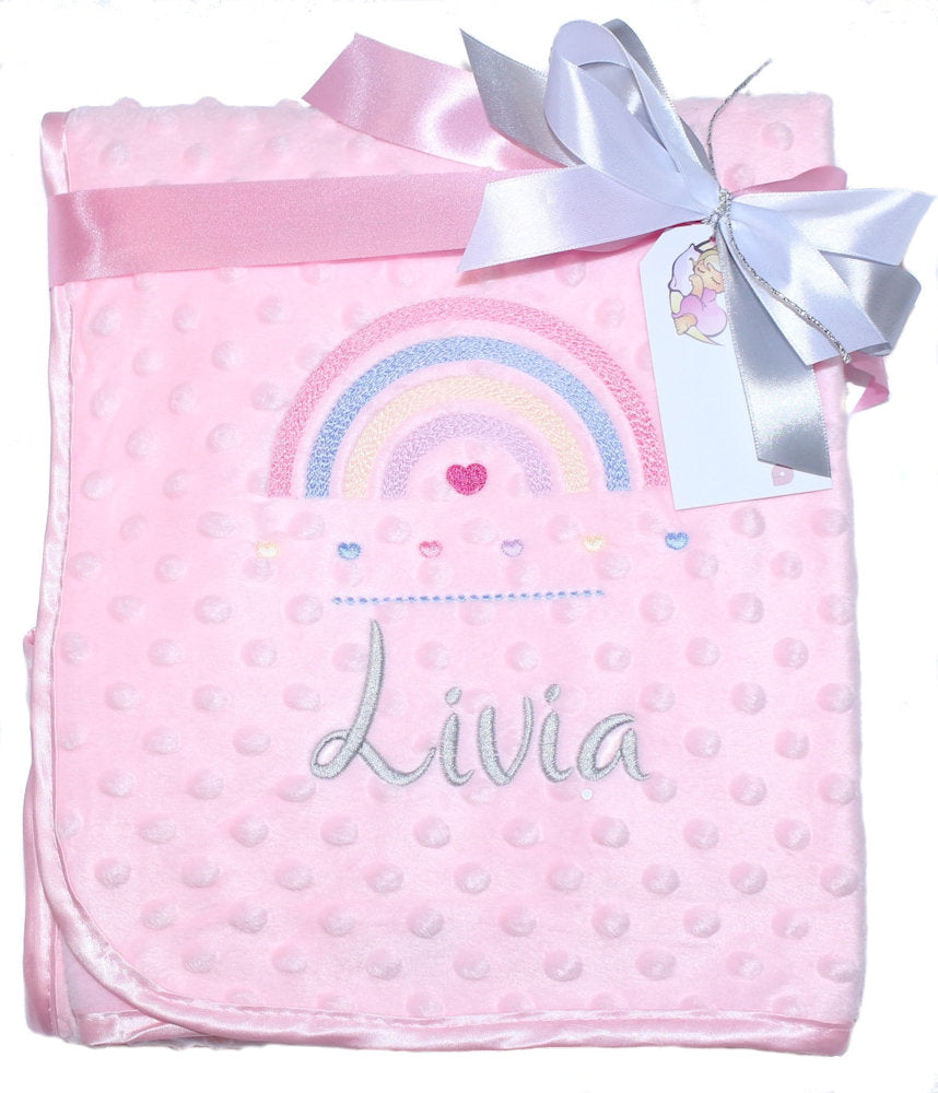 Babydecke mit Namen bestickt -Regenbogen - Rosa - Kuscheldecke