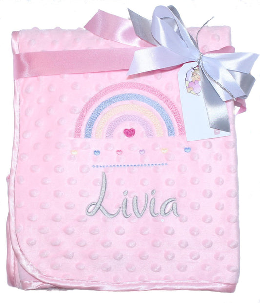 Babydecke mit Namen bestickt -Regenbogen - Rosa - Kuscheldecke