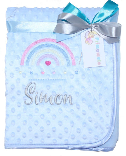 Babydecke mit Namen bestickt -Regenbogen - Blau - Kuscheldecke