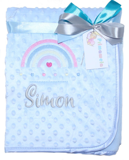 Babydecke mit Namen bestickt -Regenbogen - Blau - Kuscheldecke