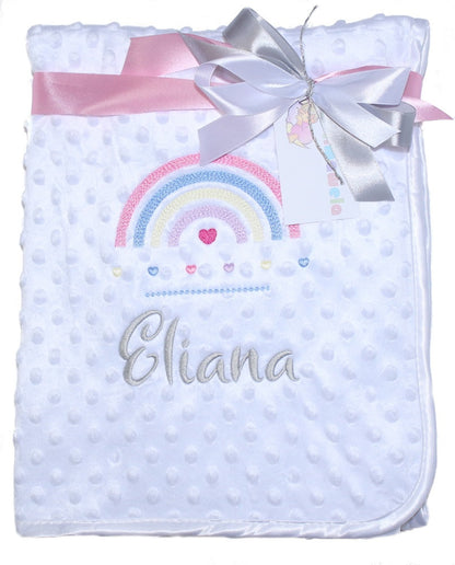 Babydecke mit Namen bestickt -Regenbogen - Weiß - Kuscheldecke
