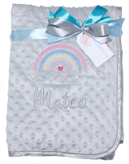 Babydecke mit Namen bestickt -Regenbogen - Grau - Kuscheldecke