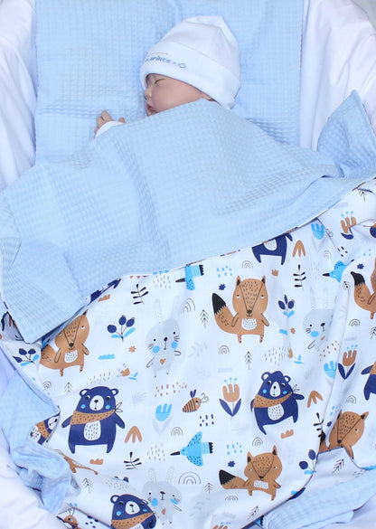 Baby Decke Waffelpiqué / Baumwolle Kuscheldecke - Waldtiere + Blau