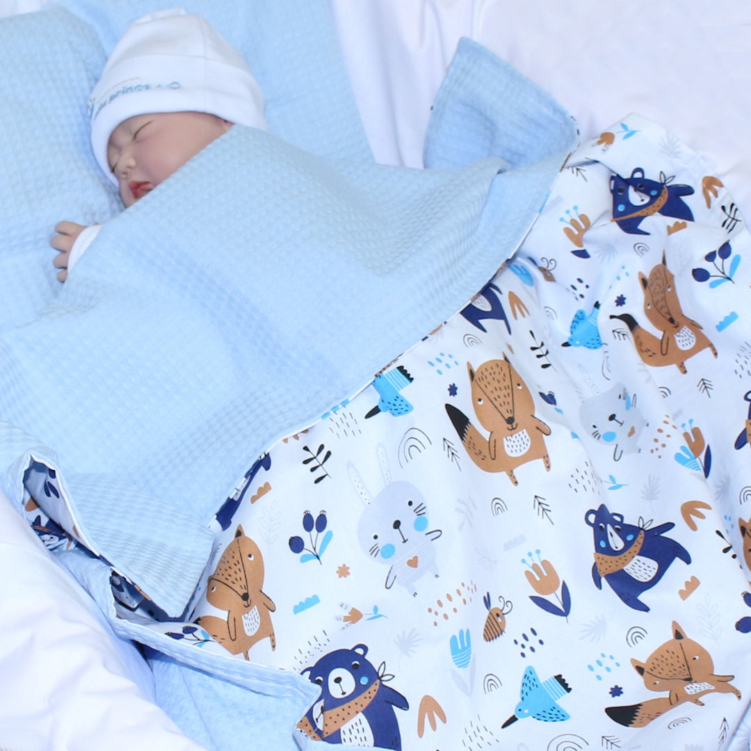 Baby Decke Waffelpiqué / Baumwolle Kuscheldecke - Waldtiere + Blau