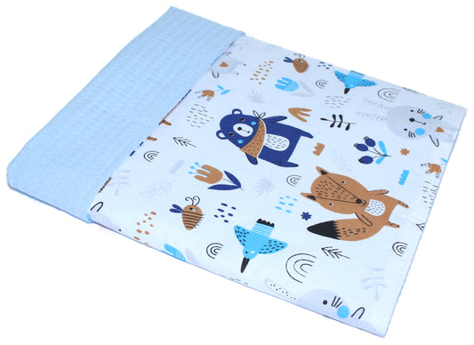 Baby Decke Waffelpiqué / Baumwolle Kuscheldecke - Waldtiere + Blau