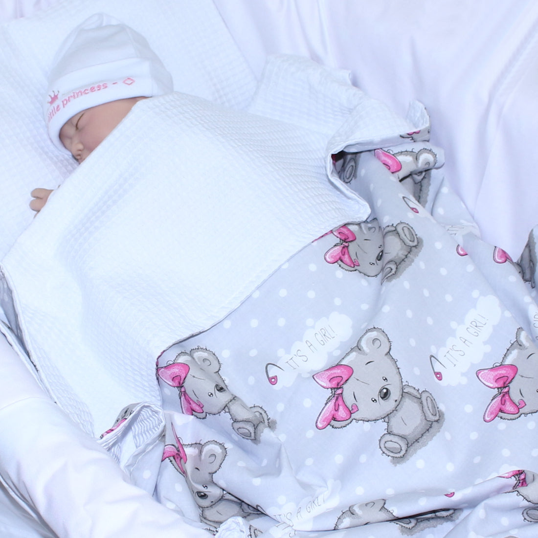 Baby Decke Waffelpiqué / Baumwolle Kuscheldecke - Girl + Weiß