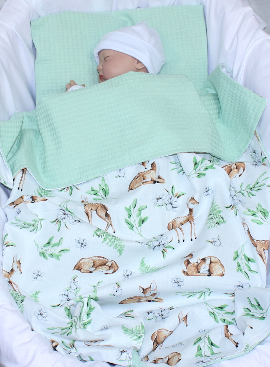 Baby Decke Waffelpiqué / Baumwolle Kuscheldecke - Reh + Minze