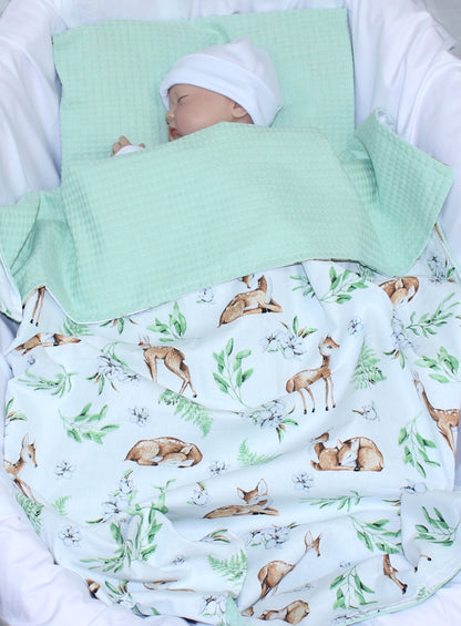 Baby Decke Waffelpiqué / Baumwolle Kuscheldecke - Reh + Minze