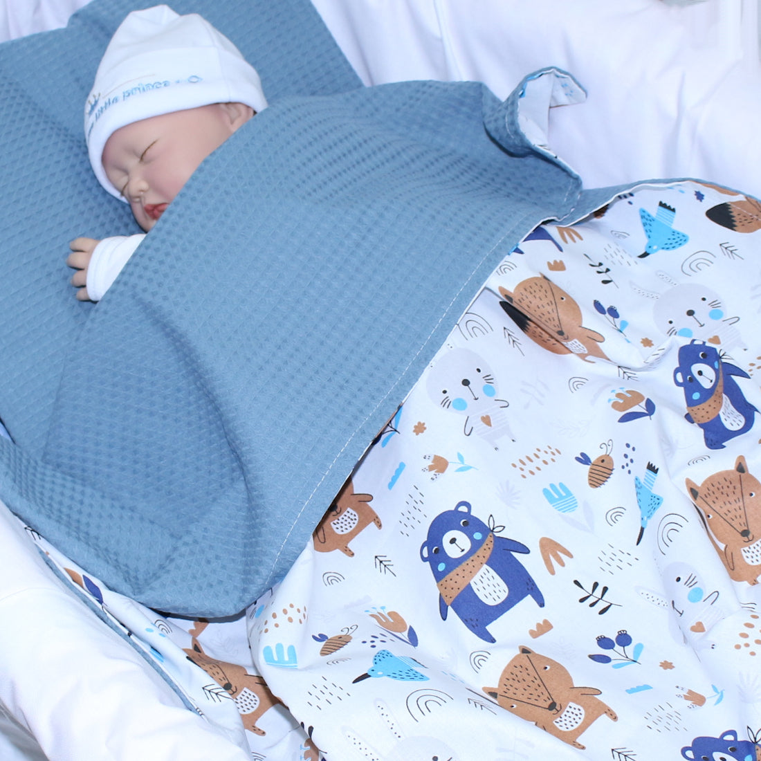 Baby Decke Waffelpiqué / Baumwolle Kuscheldecke - Waldtiere + Marine