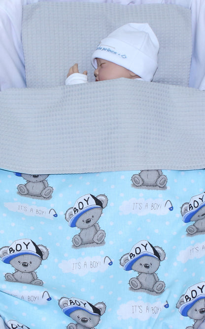 Baby Decke Waffelpiqué / Baumwolle Kuscheldecke - Boy - Blau + Grau