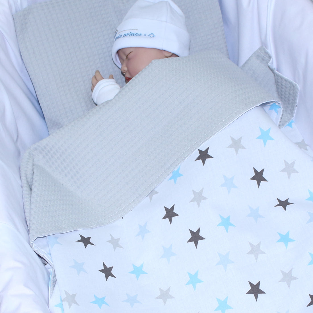Baby Decke Waffelpiqué / Baumwolle Kuscheldecke - Star Blau + Grau