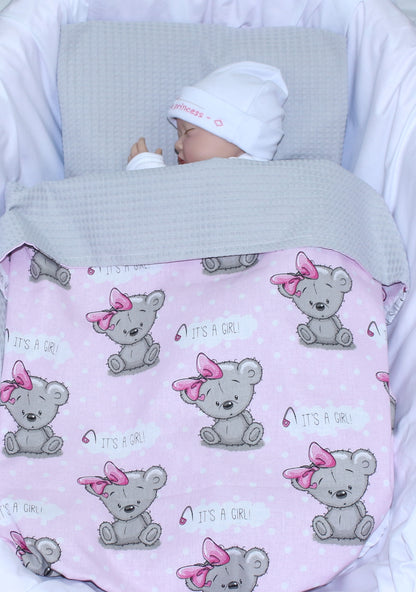 Baby Decke Waffelpiqué / Baumwolle Kuscheldecke - Girl Rosa + Grau