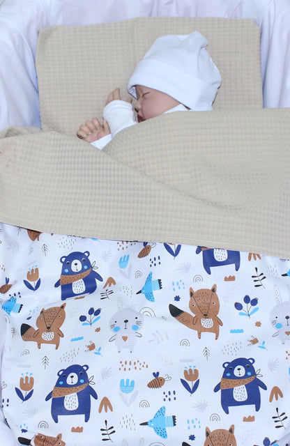 Baby Decke Waffelpiqué / Baumwolle Kuscheldecke - Waldtiere + Beige