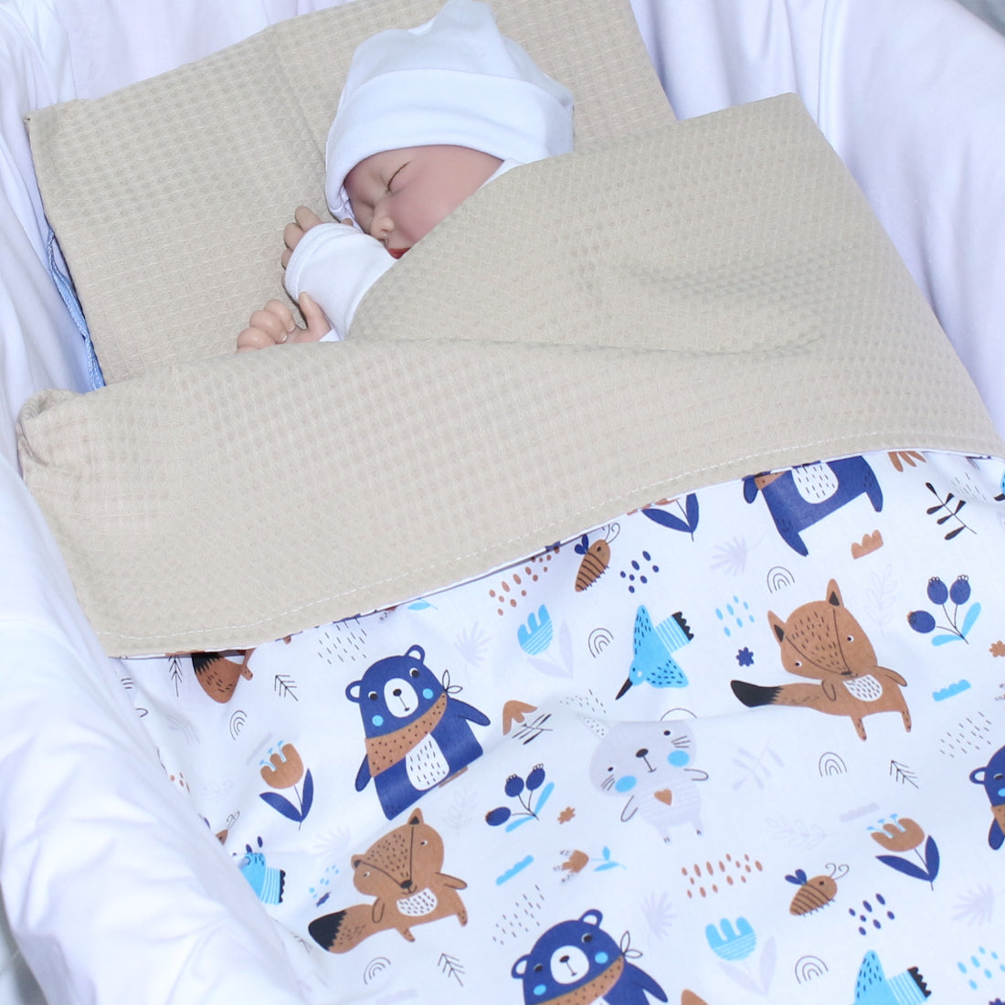 Baby Decke Waffelpiqué / Baumwolle Kuscheldecke - Waldtiere + Beige