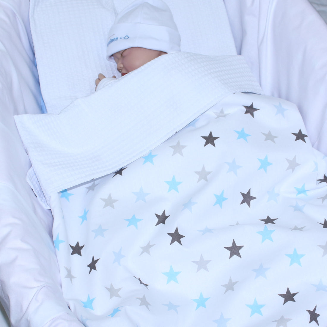Baby Decke Waffelpiqué / Baumwolle Kuscheldecke - Star Blau + Weiß