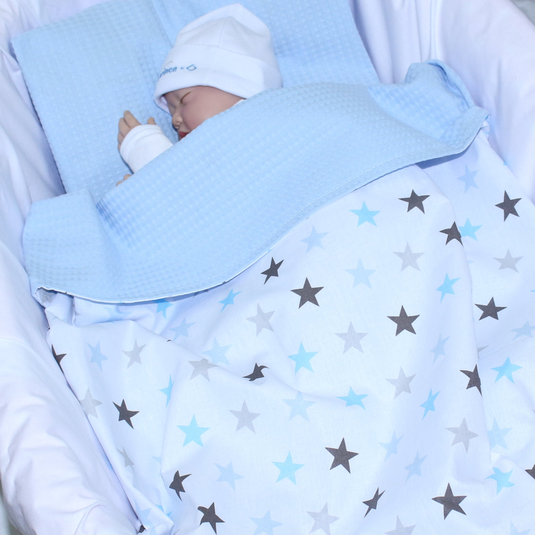 Baby Decke Waffelpiqué / Baumwolle Kuscheldecke - Star Blau + Blau