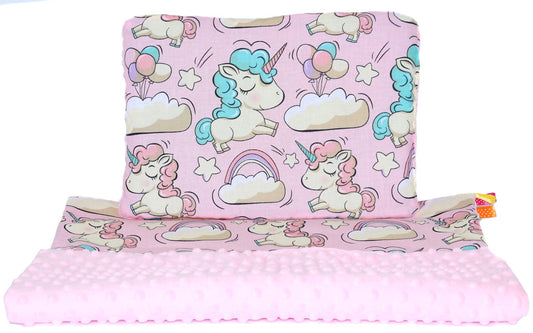 Minky Set mit Namen - Einhorn + Rosa - Bettwäsche Kuscheldecke + Kissen
