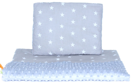 Minky Set mit Namen - Sterne auf Grau + Grau - Bettwäsche Kuscheldecke + Kissen