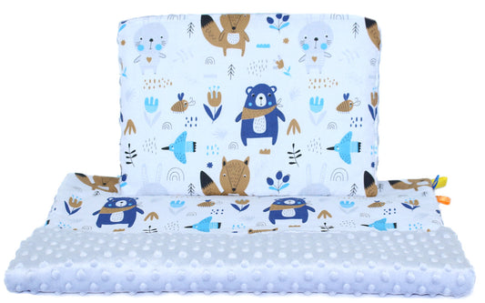 Minky Set mit Namen - Waldtiere + Grau- Bettwäsche Kuscheldecke + Kissen