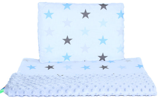 Minky Set mit Namen - Star Blau + Grau - Bettwäsche Kuscheldecke + Kissen