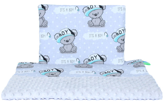 Minky Set mit Namen - Boy + Grau - Bettwäsche Kuscheldecke + Kissen