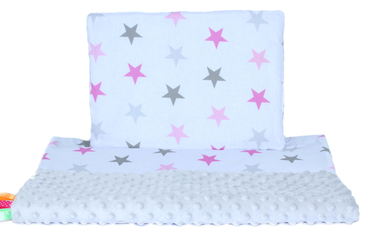 Minky Set mit Namen - Star Rosa + Grau - Bettwäsche Kuscheldecke + Kissen