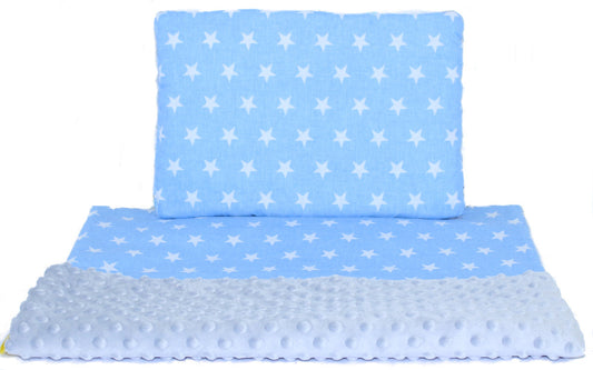 Minky Set mit Namen - Sterne auf Blau + Grau - Bettwäsche Kuscheldecke + Kissen