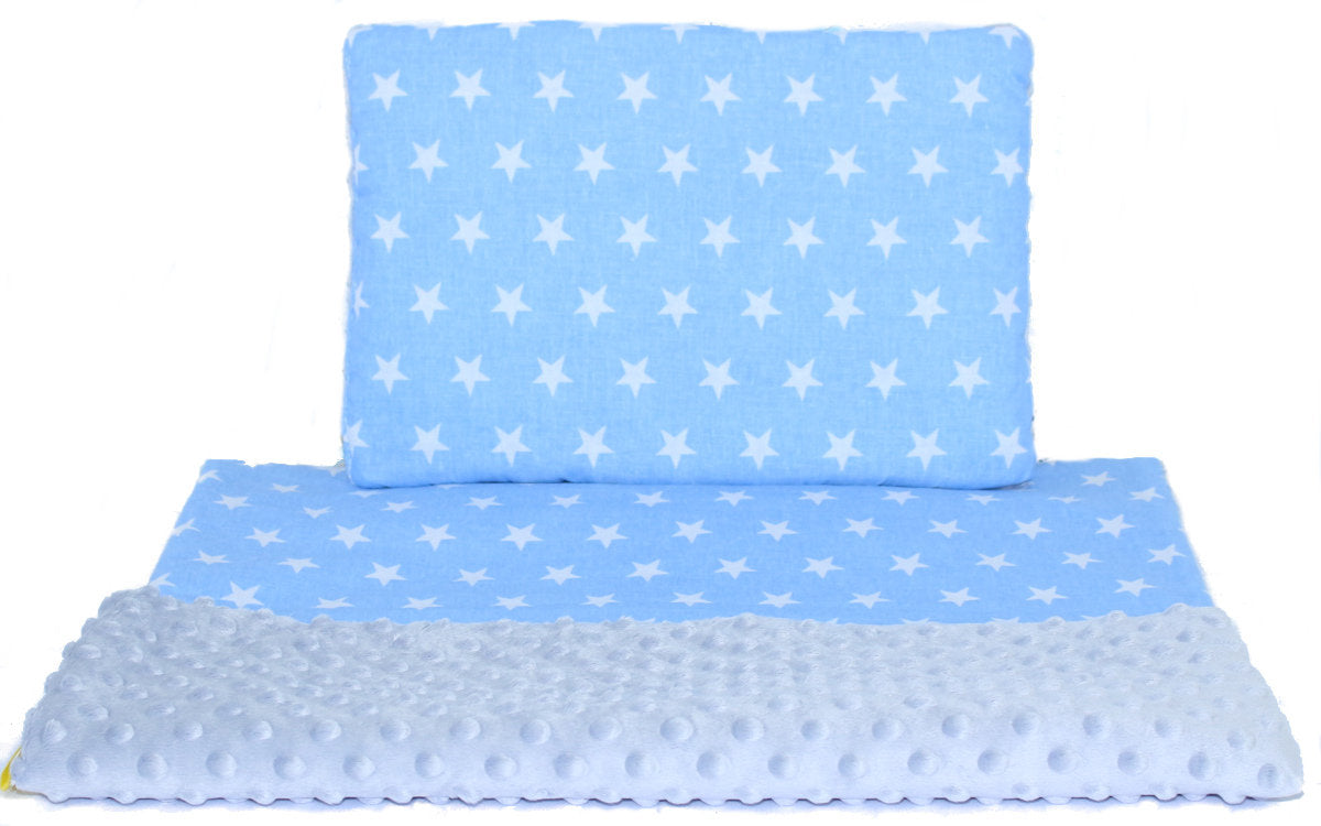 Minky Set mit Namen - Sterne auf Blau + Grau - Bettwäsche Kuscheldecke + Kissen