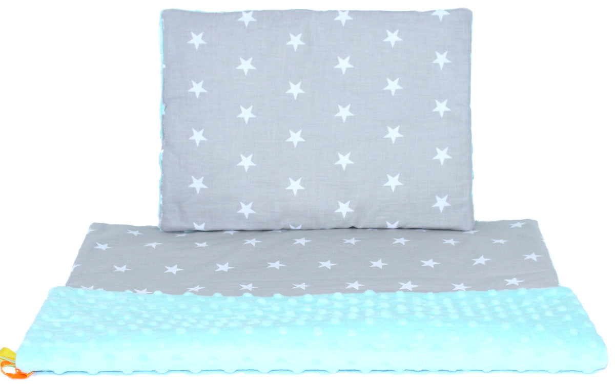 Minky Set mit Namen - Sterne auf Grau + Minze - Bettwäsche Kuscheldecke + Kissen