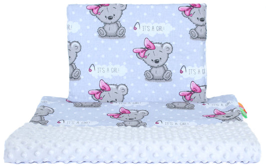 Minky Set mit Namen - Girl + Grau - Bettwäsche Kuscheldecke + Kissen