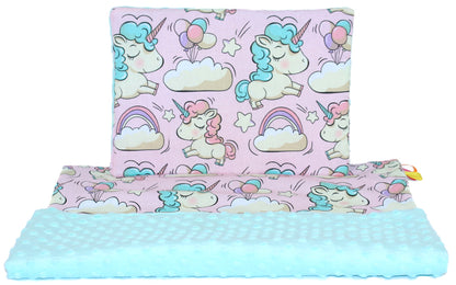 Minky Set mit Namen - Einhorn + Minze - Bettwäsche Kuscheldecke + Kissen