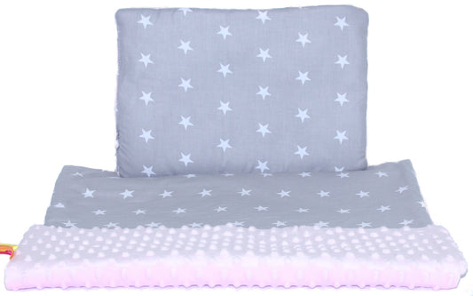 Minky Set mit Namen - Sterne auf Grau + Rosa - Bettwäsche Kuscheldecke + Kissen